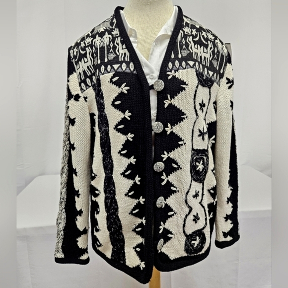 Sandy Starkman Vintage Cotton Western Cardigan Sweater In Cream And Black Sz Lrg - Picture 1 of 10